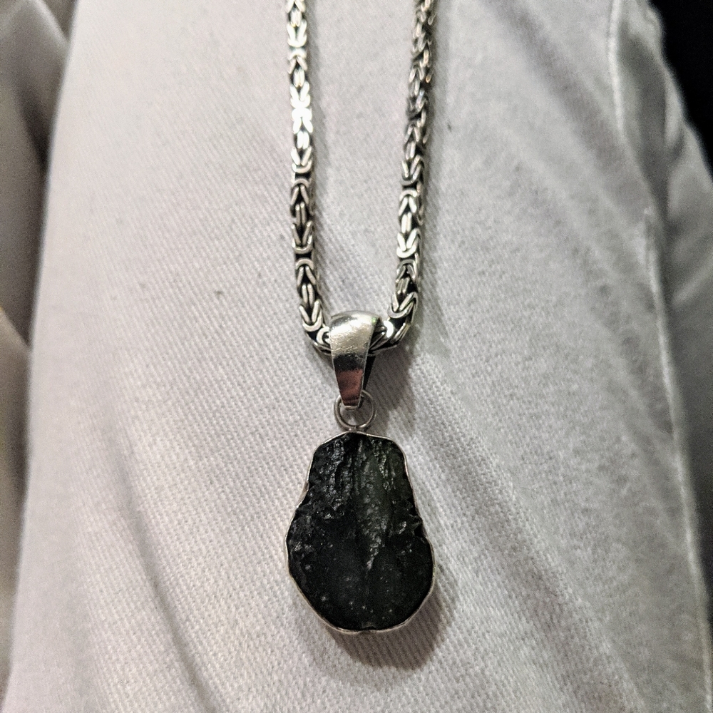 Antique Moldavite and Sterling Necklace